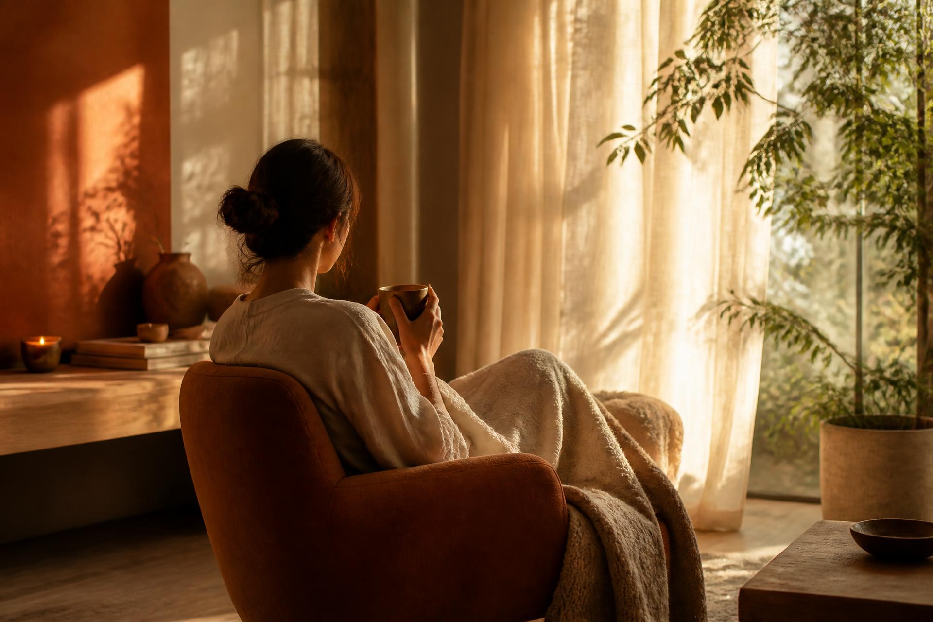 Mujer descansando en un sillón junto a una ventana con luz cálida